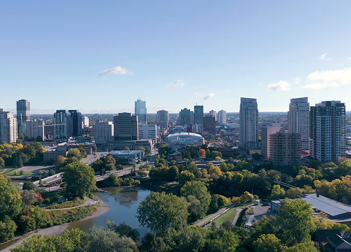 An arial photo of downtown London, Ontario